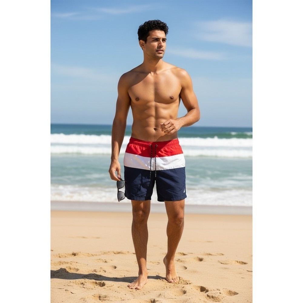 Nautica Men's Swim Trunks Colorblock Red‎ White Navy Drawstring Size M Classic